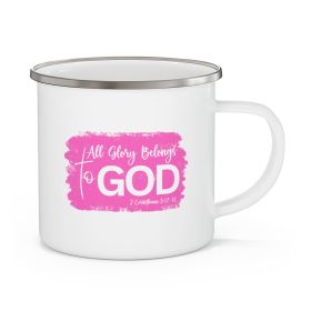 Enamel Camping Mug, All Glory Belongs To God Christian Illustration Pink