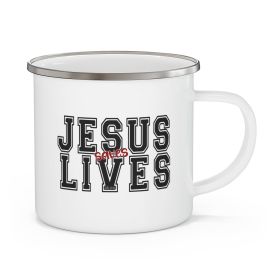 Enamel Camping Mug, Jesus Saves Lives Black Red Illustration